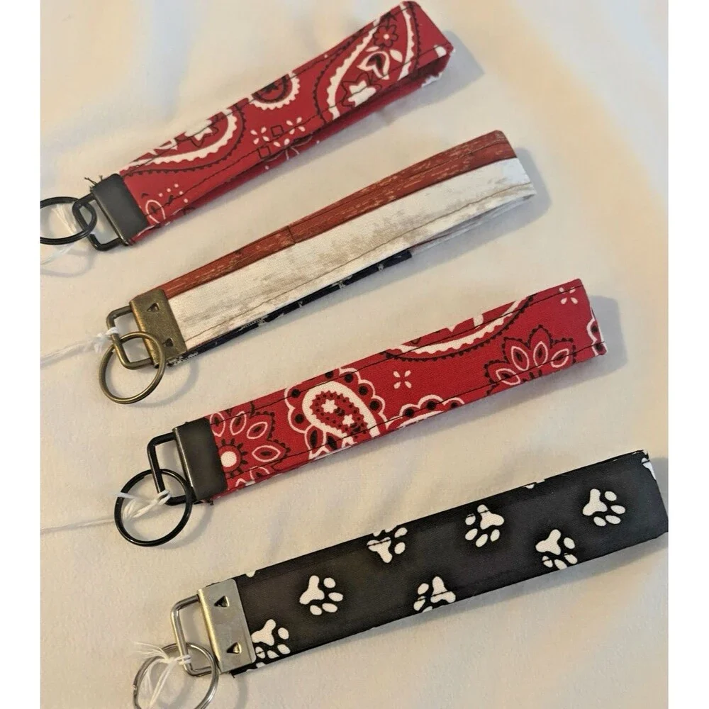 LOT 4 Keychains Wristlets Fabric Paisley Paw Dog Prints Flag Americana Handmade